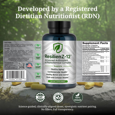 ResilienZ-12 Healthy Aging & Cellular Health – 12-in-1 Longevity Antioxidant Complex w/Meriva Curcumin Phytosome, Sulforaphane, CoQ10, EGCG, Resveratrol, Quercetin, Tocotrienols & Astaxanthin