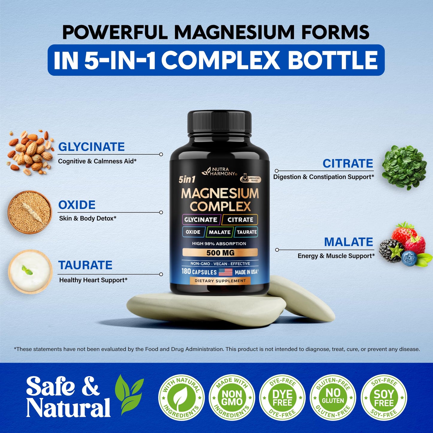 Magnesium Supplement - 5 in 1 Complex | Glycinate | Citrate | Malate | Taurate | Oxide - Made in USA - Stress, Muscle & Heart Support - Vegan, Natural, Non-GMO - 180 Capsules, 2 Month Supply