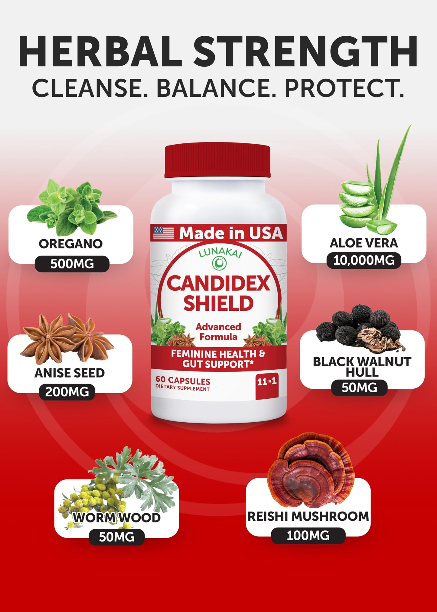 Lunakai USA Made Candida Cleanse Detox for Women & Men – 11-in-1 Gut Cleanse & Candida Support with Caprylic Acid & Enzymes, 60ct