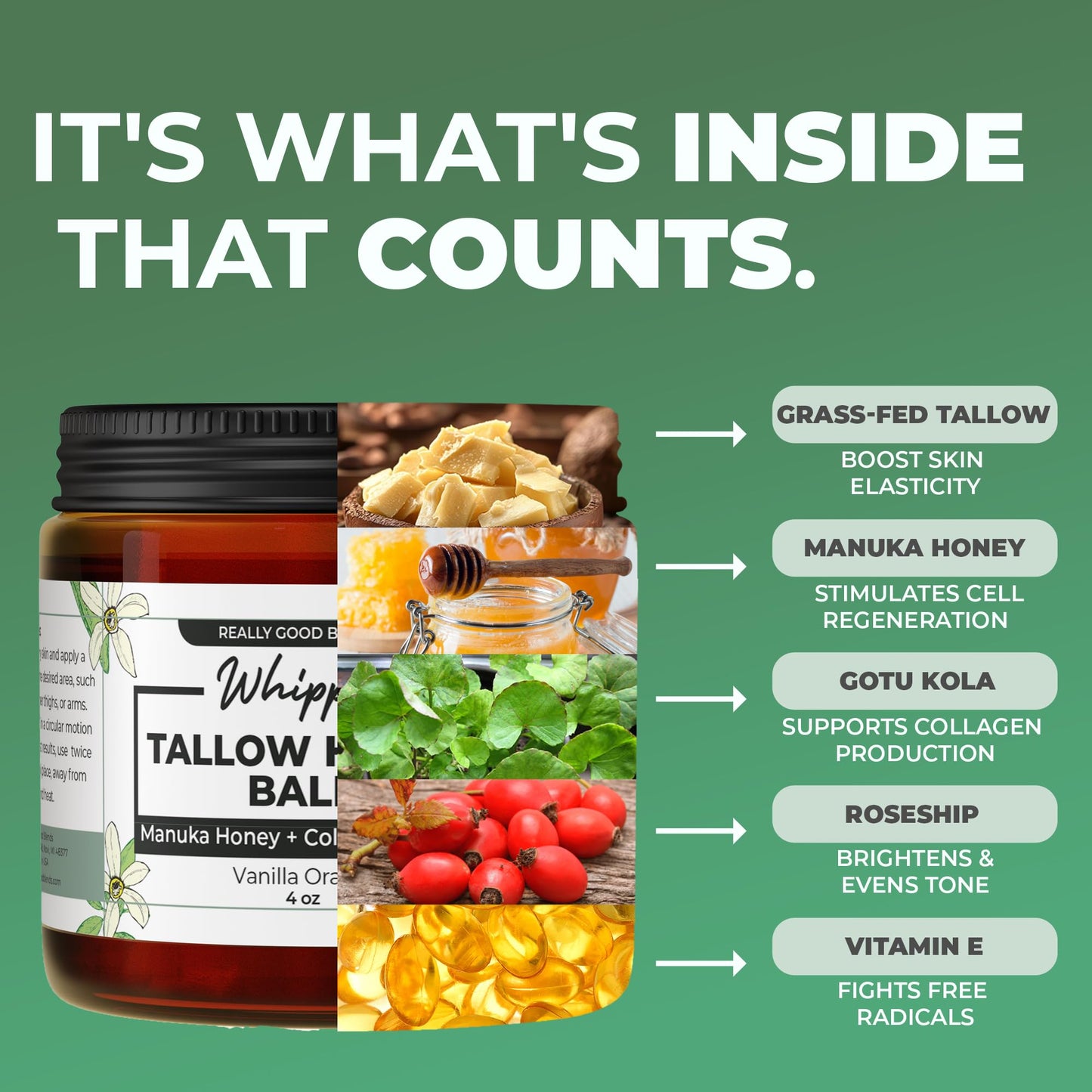 Really Good Blends Whipped Tallow Balm with Manuka Honey – 4 oz | Collagen-Boosting Body Butter | Beef Tallow for Skin | Face & Body Moisturizer | Made in USA (Vanilla Orange)