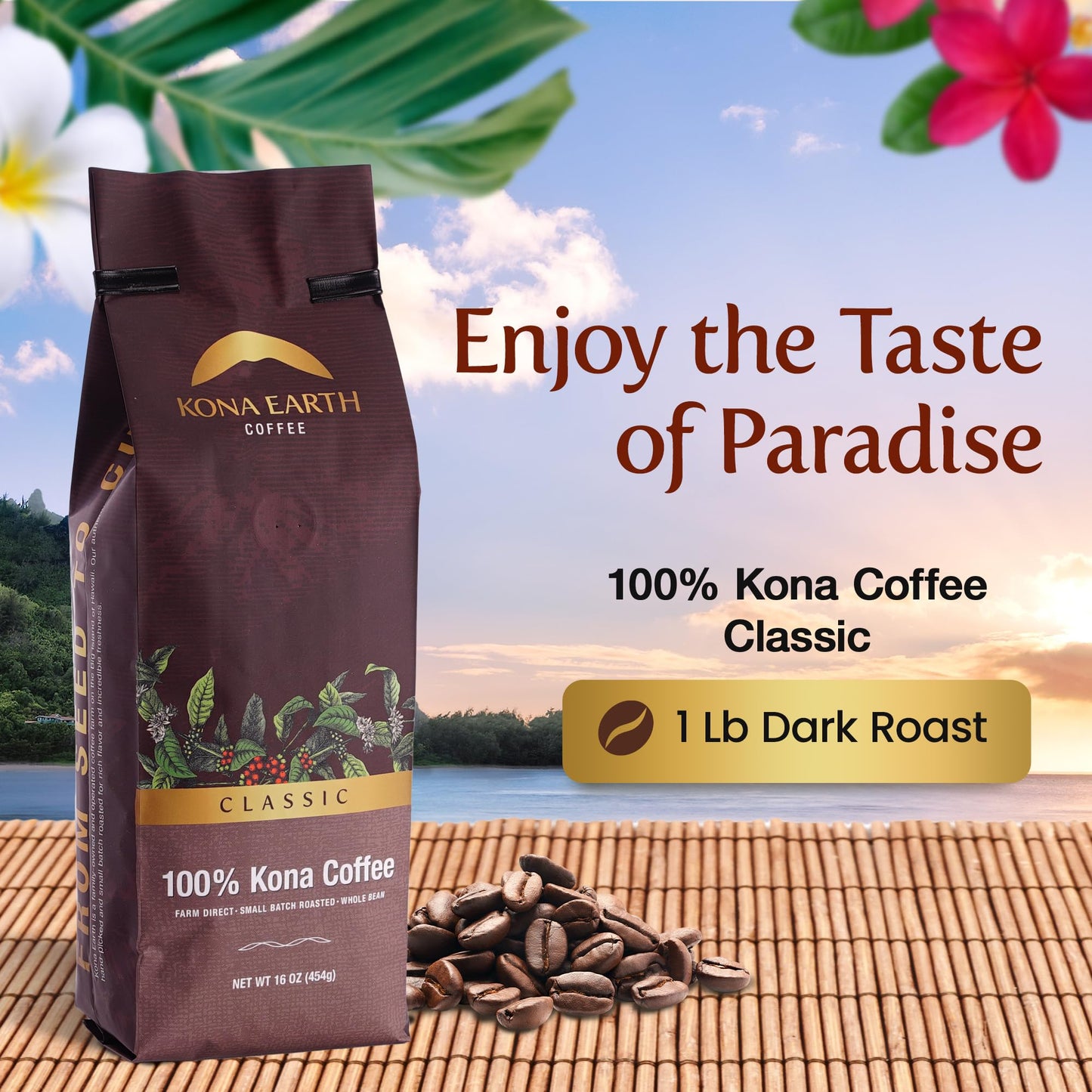 KONA EARTH - Classic, 100% Kona Coffee Beans, Classic Dark Roast Whole Bean Coffee, Micro-Batch-Roasted, 1 lb., Pack of 1