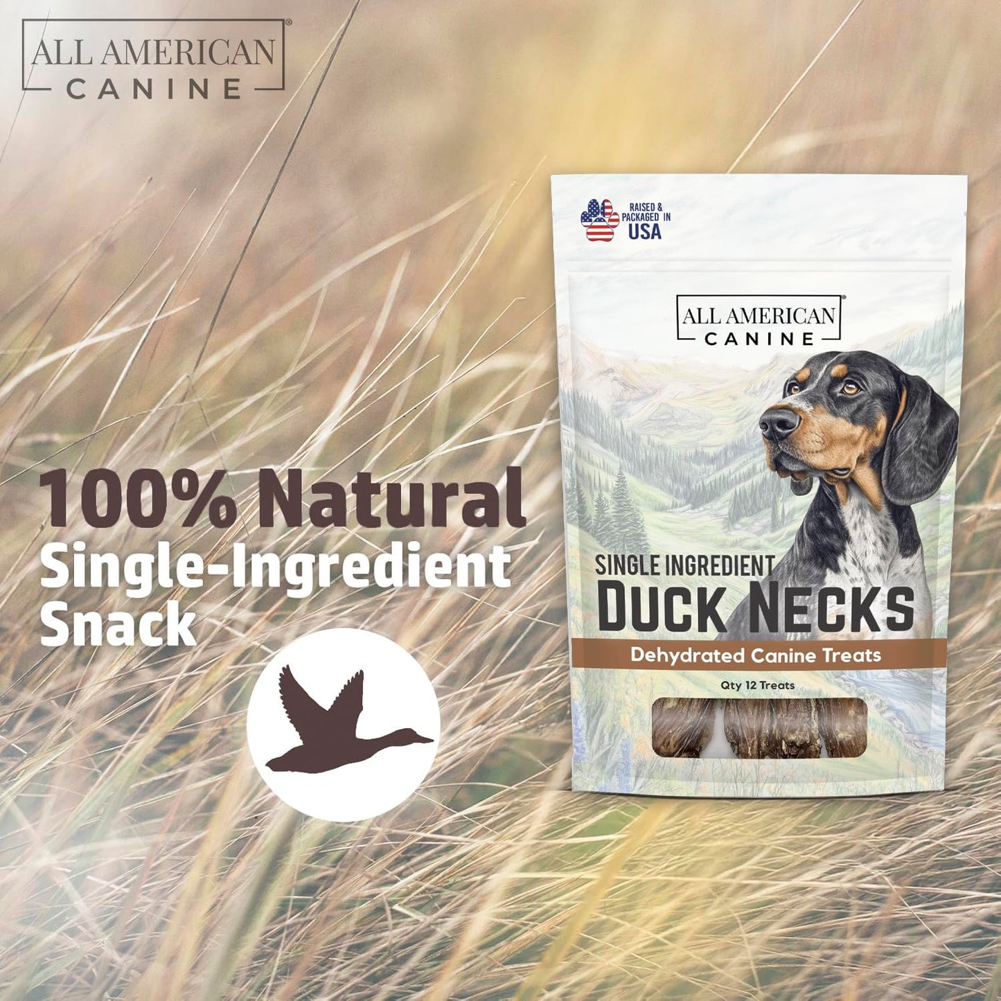 All American Canine 12 Natural Duck Neck Dog Treats – Single Ingredient, Dehydrated & Chewy – Low-Fat, High-Protein Training Reward – Made in USA