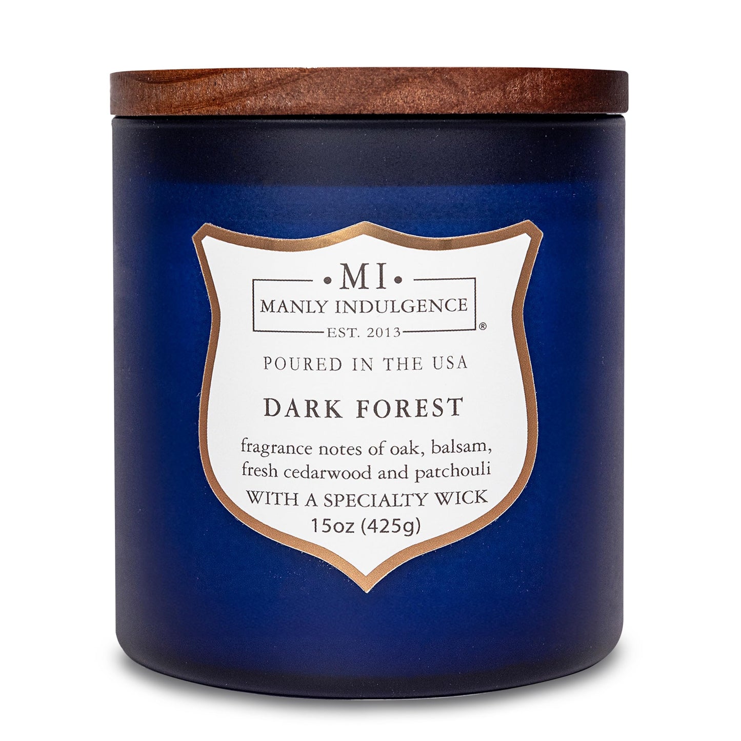 Manly Indulgence Dark Forest Scented Jar Candle for Men, Wood Wicked Candle, 15 oz - Oak, Balsam, Fresh Cedarwood & Patchouli - Up to 60 Hours Burn, Soy Blend Wax, USA Poured, Navy Blue