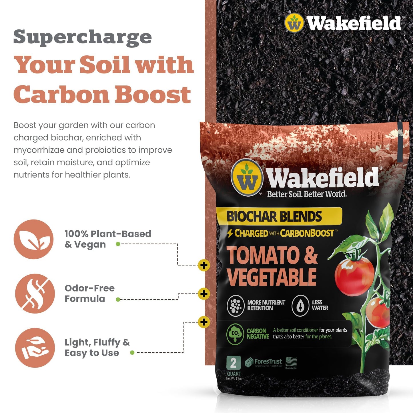Wakefield Premium Biochar Blend – Organic Potting Soil for Vegetables, Tomatoes & Gardens – Potting Mix Enriched with Humic Acid & CarbonBoost – Versatile Top Soil for Indoor & Outdoor Plants-4quarts