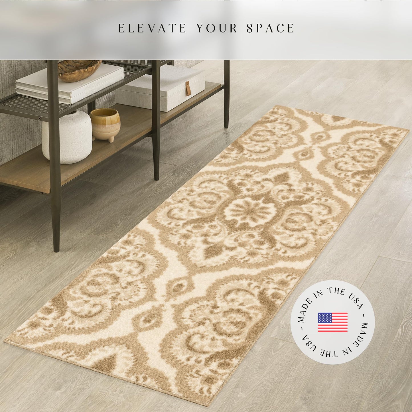 Maples Rugs Vivian Medallion Runner Rug - Made in USA - Washable, Non Slip, Indoor Carpet for Hallway, Kitchen, and Laundry Room, 2' x 6', Beige