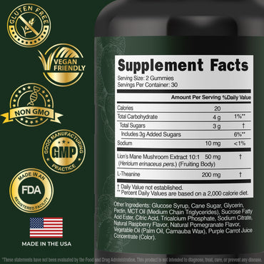 Lion’s Mane Mushroom Gummies 10:1 Extract & L-Theanine 200mg Nootropic Brain Gummies – 30 Day Supply – Memory & Focus Support – Calm Energy – Vegan, Caffeine Free