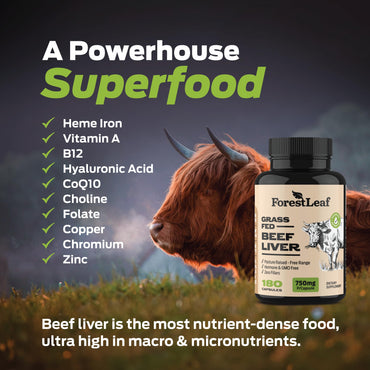 ForestLeaf Grass Fed Beef Liver Capsules, 3000mg Per Serving, Supports Full Immunity & Body Wellnes, Cleansing, Digestion, Natural Iron, Vitamin A and B12, Freeze Dried Beef Liver Supplement, 180 Caps