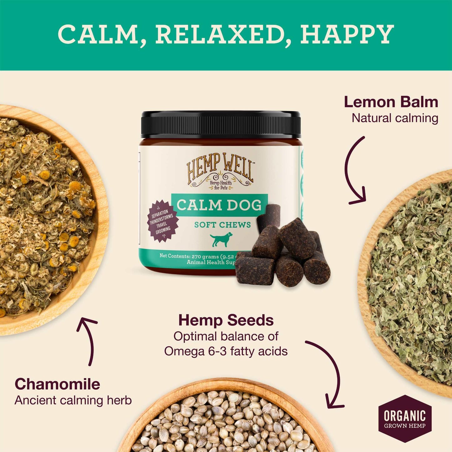 Organically Sourced Hemp Well Calm Dog Soft Chews - Anxiety Relief Treats for Dogs, Helps with Separation Anxiety and Travel, Melatonin and Hemp Dog Calming Chews (1 Pack (30 Chews))