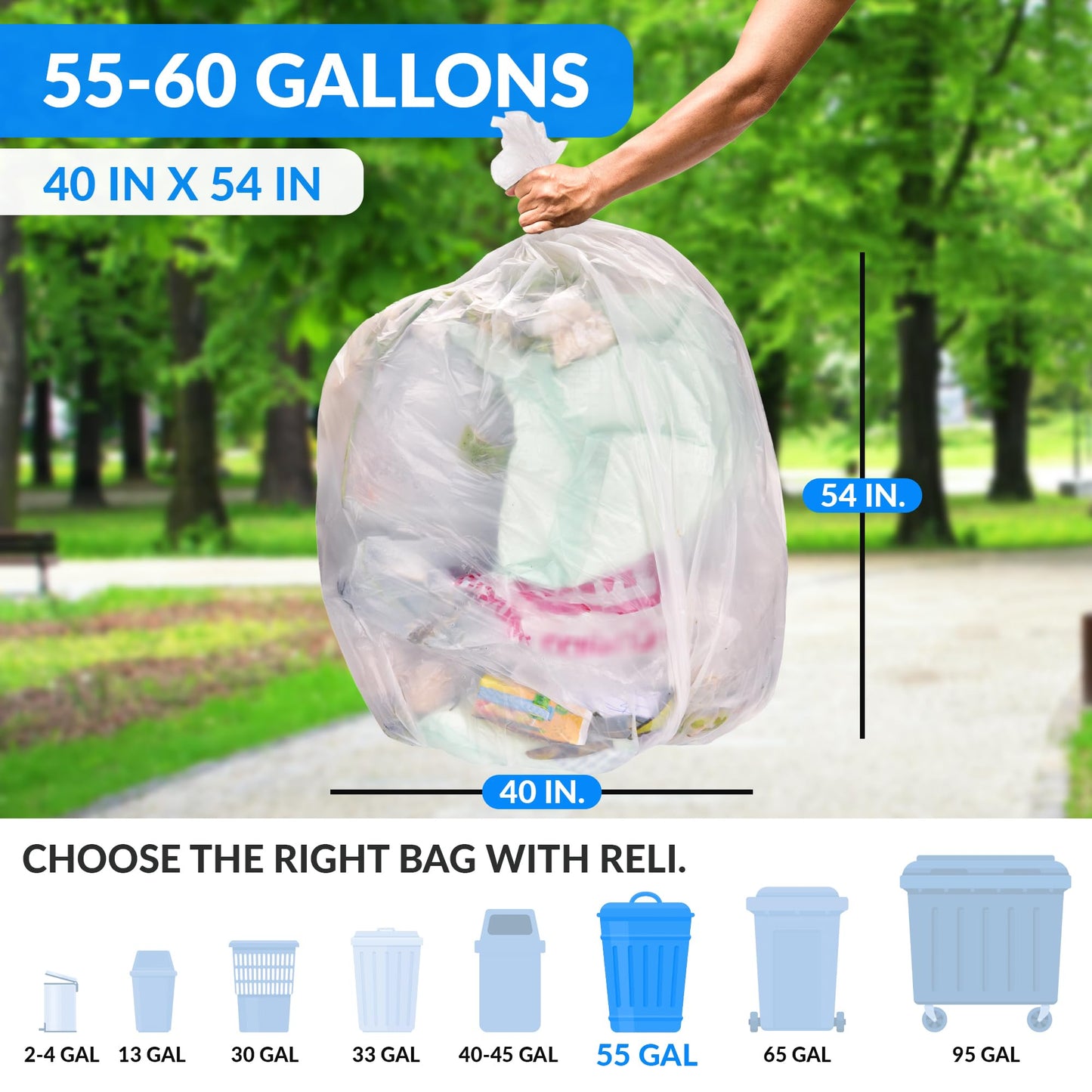 Reli. SuperValue Trash Bags (150 Count Bulk), Made in USA - Clear Heavy Duty 55 Gallon - 60 Gallon Garbage Bag