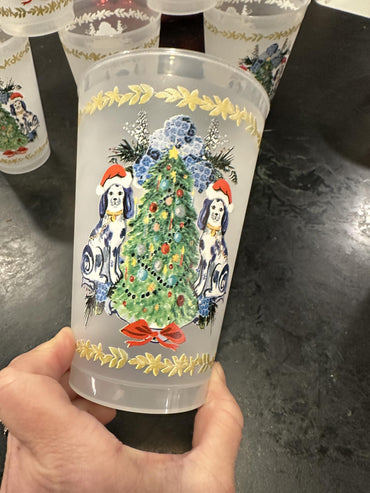 Marye-Kelley Staffordshire Dogs with Santa Hats and Christmas Tree Shatterproof 20 Oz Frosted Cups - Set of 6 Cups - BPA Free - Made in the USA Dishwasher Safe