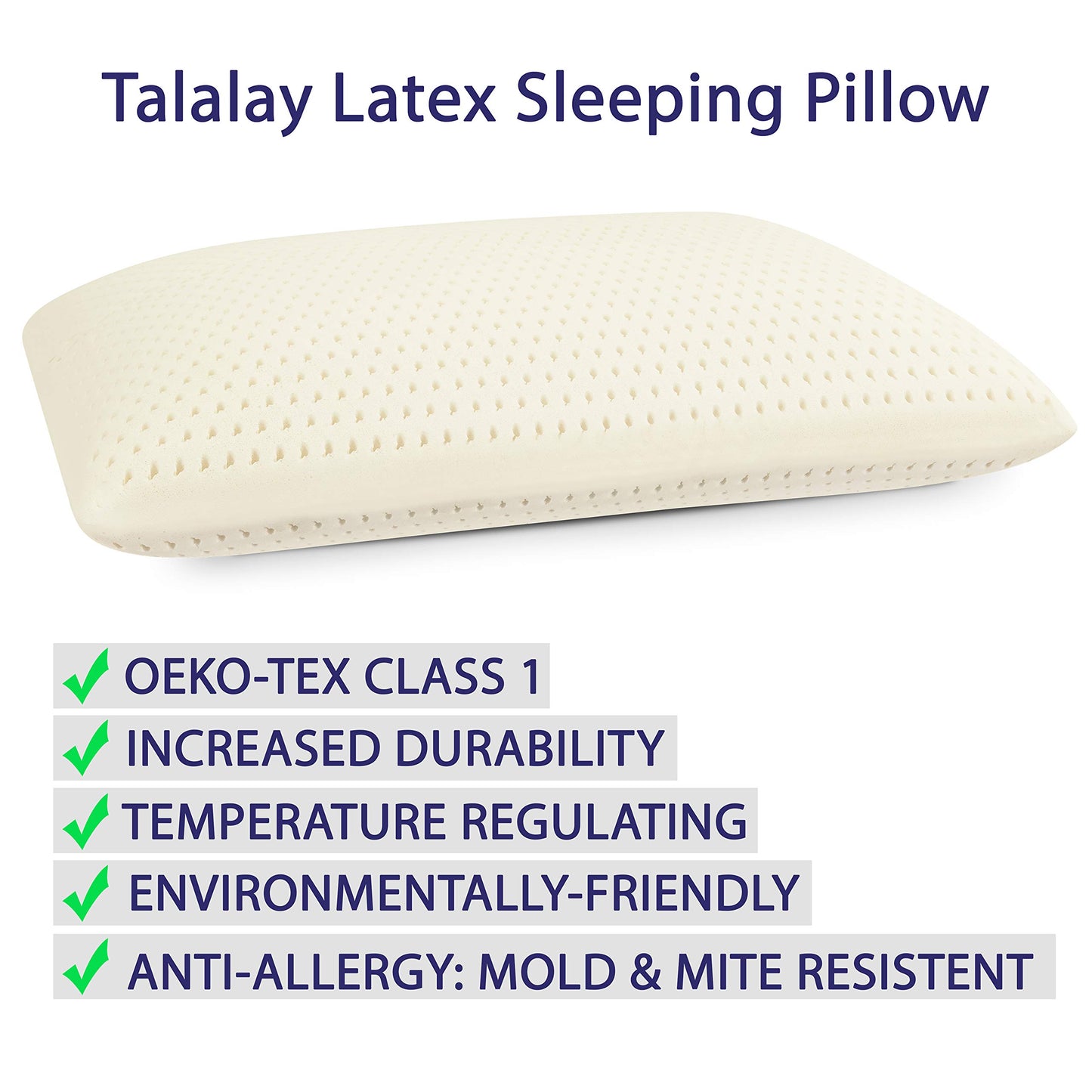 RejuveNite American Talalay Latex Medium Support Bed Pillow for Sleeping with Luxurious 100% Cotton Sateen, 400TC Cover, Standard High Profile – Made in USA