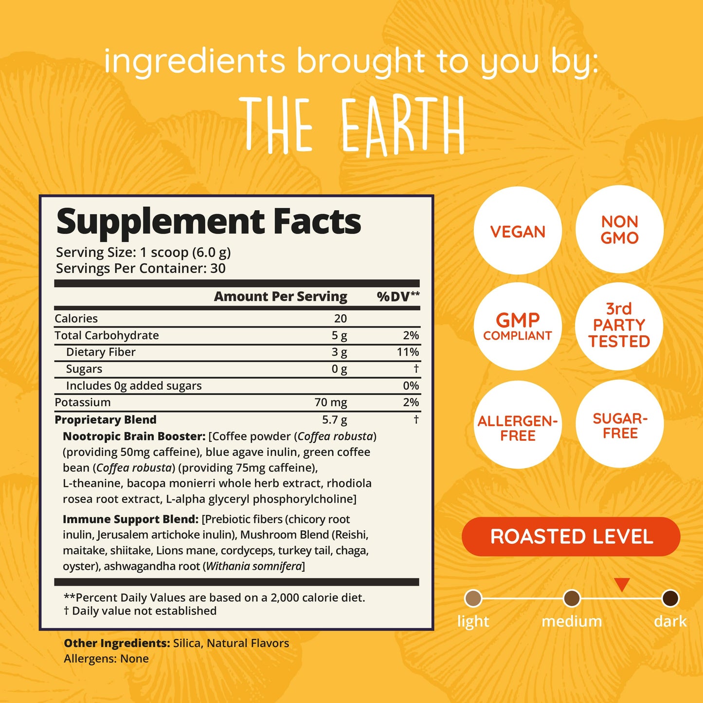 Mushroom Coffee with 125mg Caffeine – Lion’s Mane, Cordyceps, Reishi & Chaga | Adaptogen Nootropic Instant Mushroom Coffee for Energy & Focus | Medium-Dark Roast, Vegan, No Sugar – 30 Servings