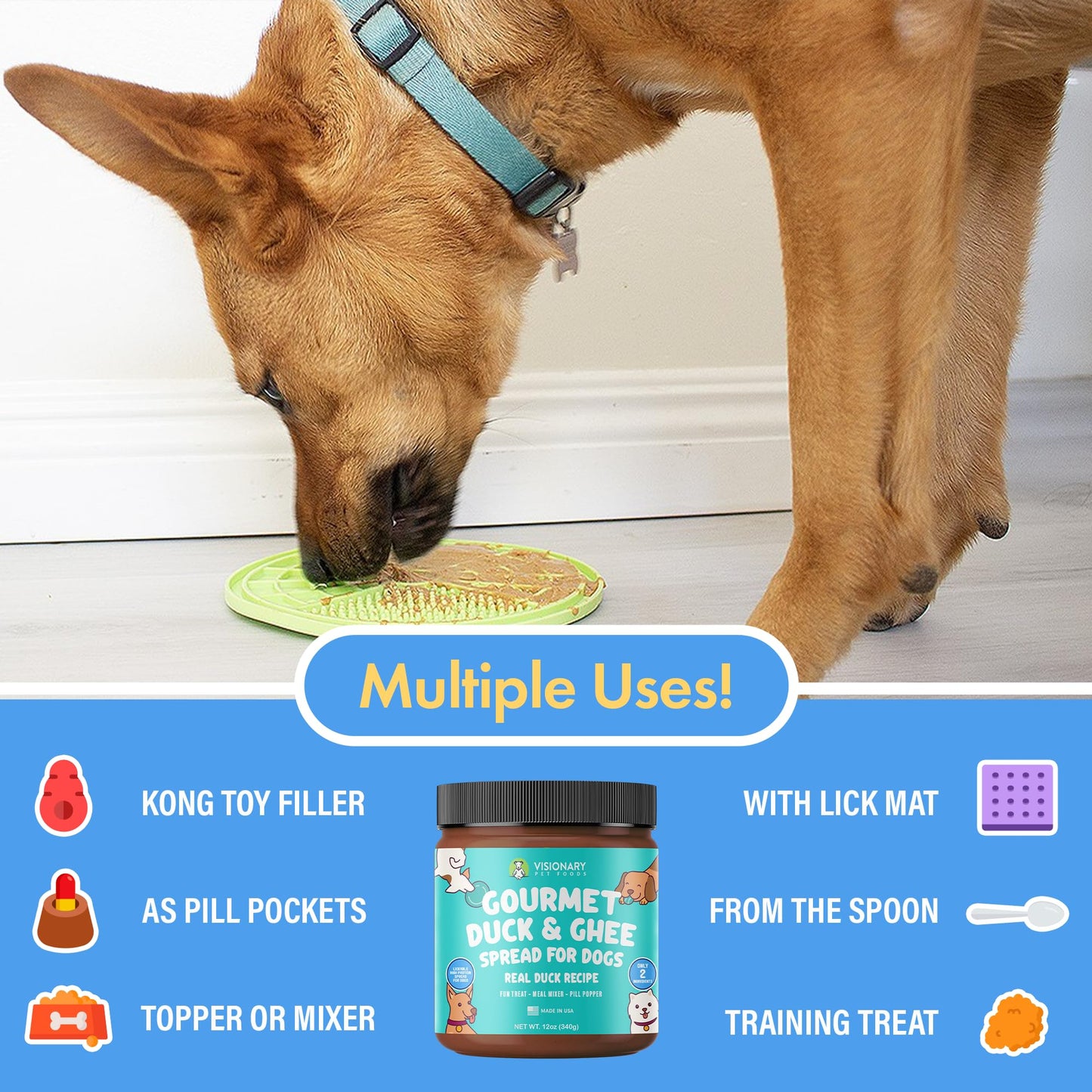 Visionary Pet Foods Duck Meat Spread - Healthy Dog Treat - Alternative to Dog Peanut Butter, Xylitol Free, No Sugar and Filler Free - Use on Lick Mat, Food Mixer, Pill Pockets - 12oz Jar