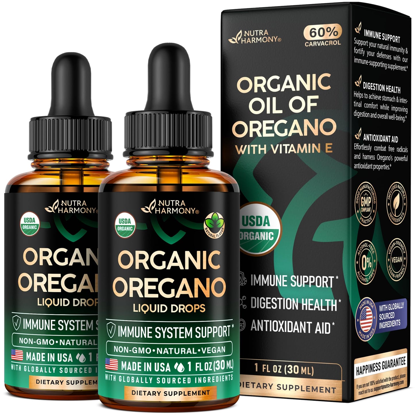 USDA Organic Oil of Oregano - Liquid Drops with Vitamin E - Made in USA - Supplement for Immune Support, Digestion Health & Antioxidant - Non-GMO, Natural, Vegan - Pack of 2