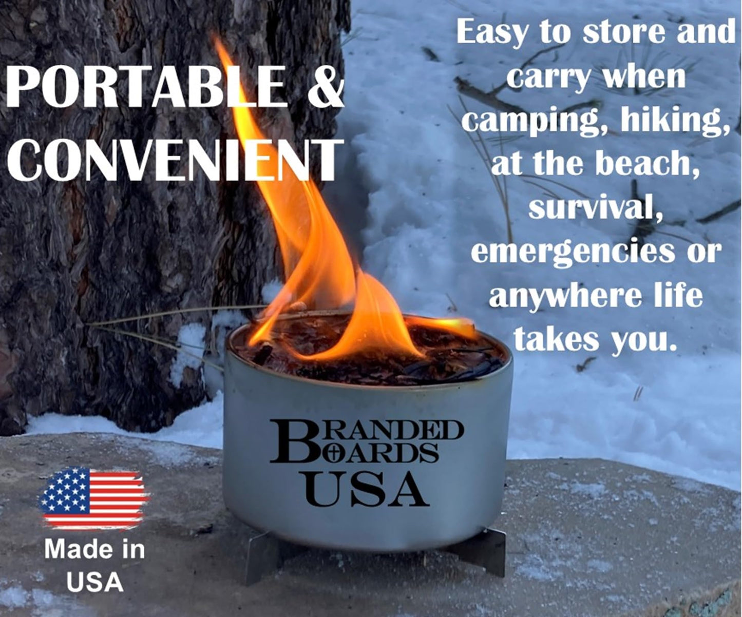 Branded Boards | Made in USA | Portable Mini Bonfire Campfire in a Can | Reusable & up to 5 Hours of Burn Time | Picnics Parties S'Mores Gifts Bushcraft Camping Survival Emergencies (Large 4-Pack)