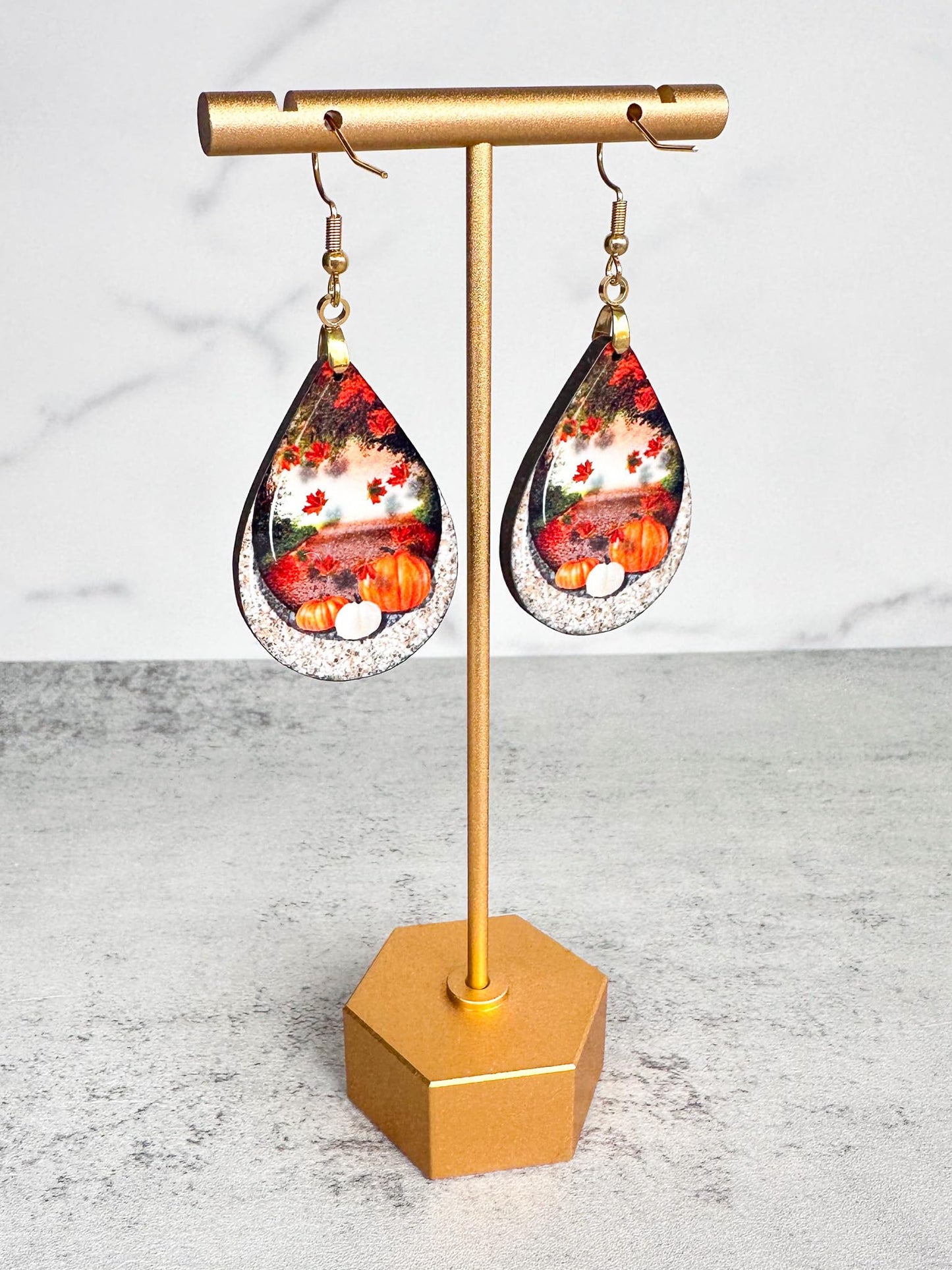 Fall Earrings for Women Autumn Lightweight Teardrop Pumpkin Thanksgiving Jewelry Dangle Fun Colorful Statement Handmade The Painted Pug (Fall Scene)