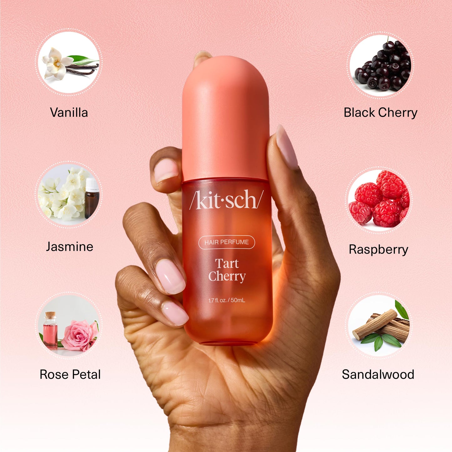 Kitsch Tart Cherry Hair Perfume for Women - Hair Spray & Body Mist - Clean, Deodorizing & Patented Odor-Eliminating Technology - Freshen Hair, Body & Pillows - Fruity Gourmand Scent & Vanilla - 50ml
