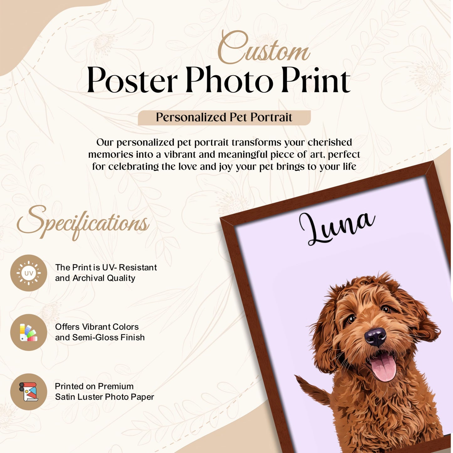 Custom Pet Portrait Wall Art - Personalized Dog or Cat Painting from Photo - Framed or Unframed, Create Your Own Framed Wall Art Animal Portrait- Heartwarming Keepsake for Dog Lovers