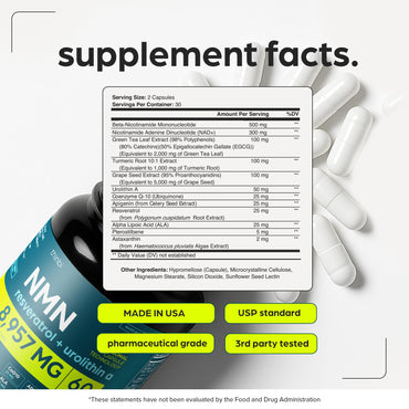 NMN Supplement 8957mg with Real NAD+ Not Just a Booster | Urolithin A, Resveratrol, CoQ10, Alpha Lipoic Acid, Green Tea Extract | Cellular Longevity & Energy Support for Men & Women