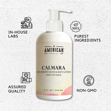 American Shaving Co. Calmara Nourishing Hand & Body Lotion With Oat Milk, 8 Oz, Made in USA, Gentle Formula, Quality Potent Ingredients, Non-GMO, GMP Certified, Cruelty-Free Products