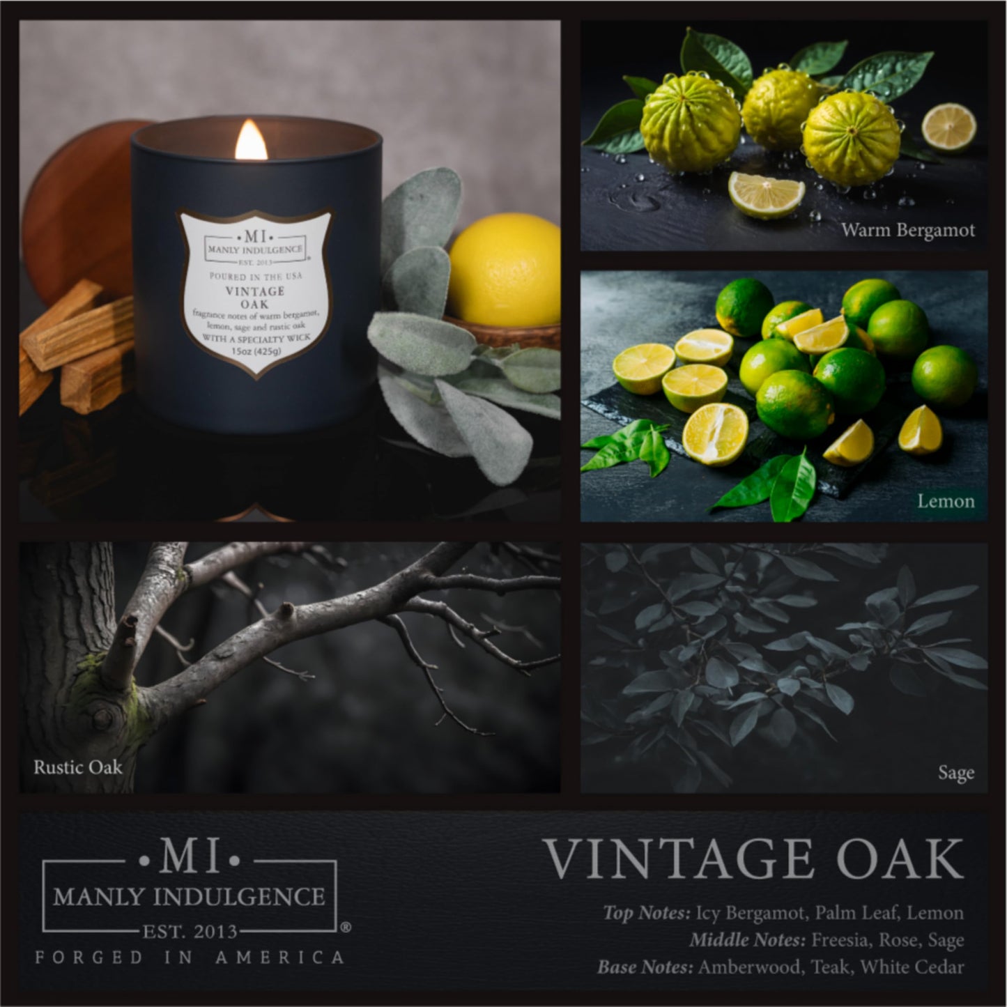Manly Indulgence Vintage Oak Scented Candles for Men, 15 oz Wooden Wick, Fathers Day Candle, 60H Burn, Candles for Home Scented - Made in The USA