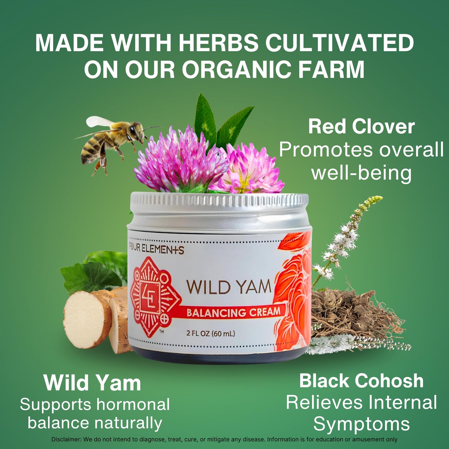 Wild Yam Cream for Hormone Support 2 Oz | Four Elements 4E Organic Wild Yam Balancing Cream for Women | Menopause & PMS Support - Estrogen & Progesterone Free | Proudly Farmed, Crafted & Made in USA