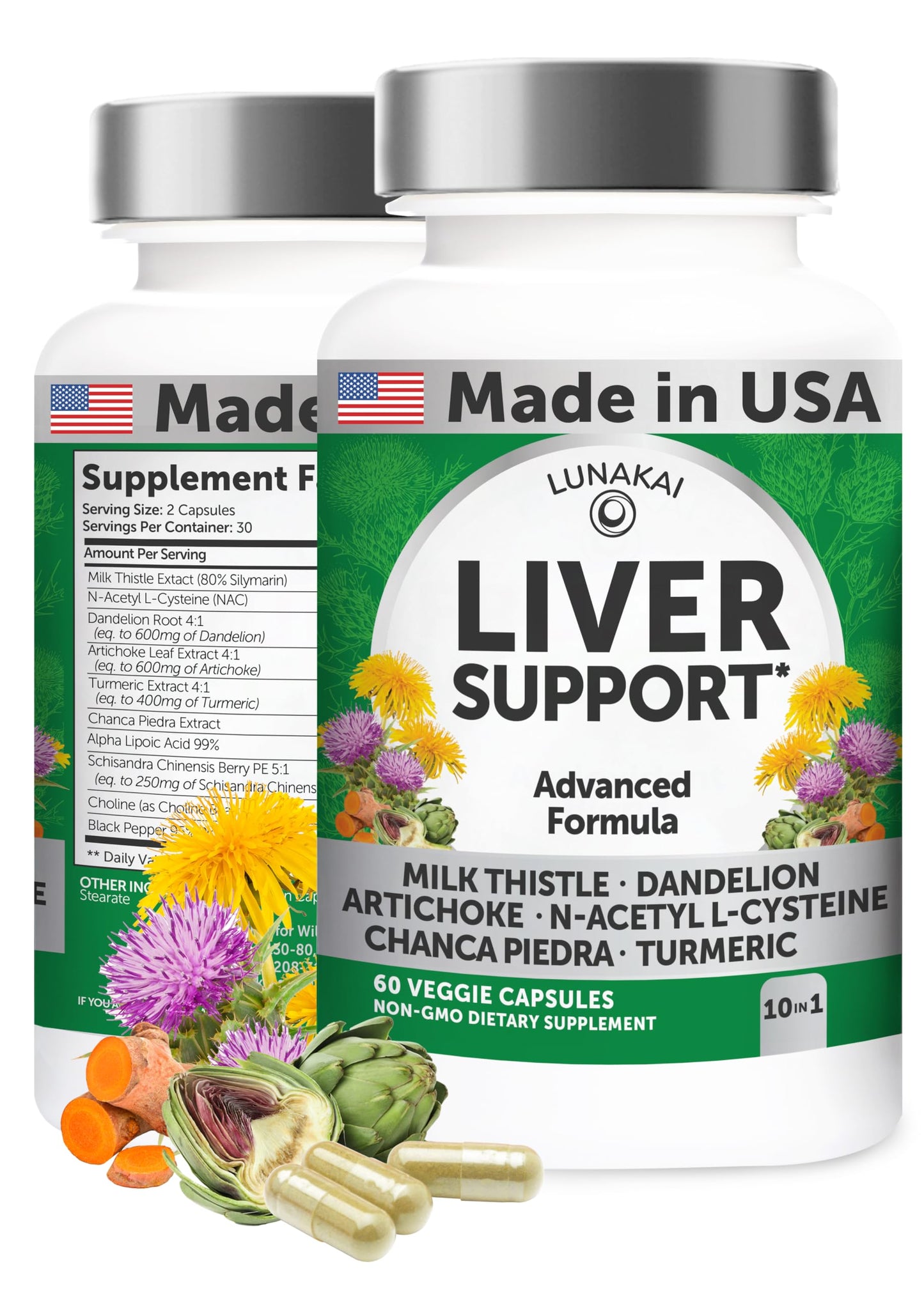 Lunakai USA Made Liver Cleanse Detox & Repair – Herbal Liver Support Supplement with Milk Thistle, Artichoke & NAC – Daily Detox, 60ct