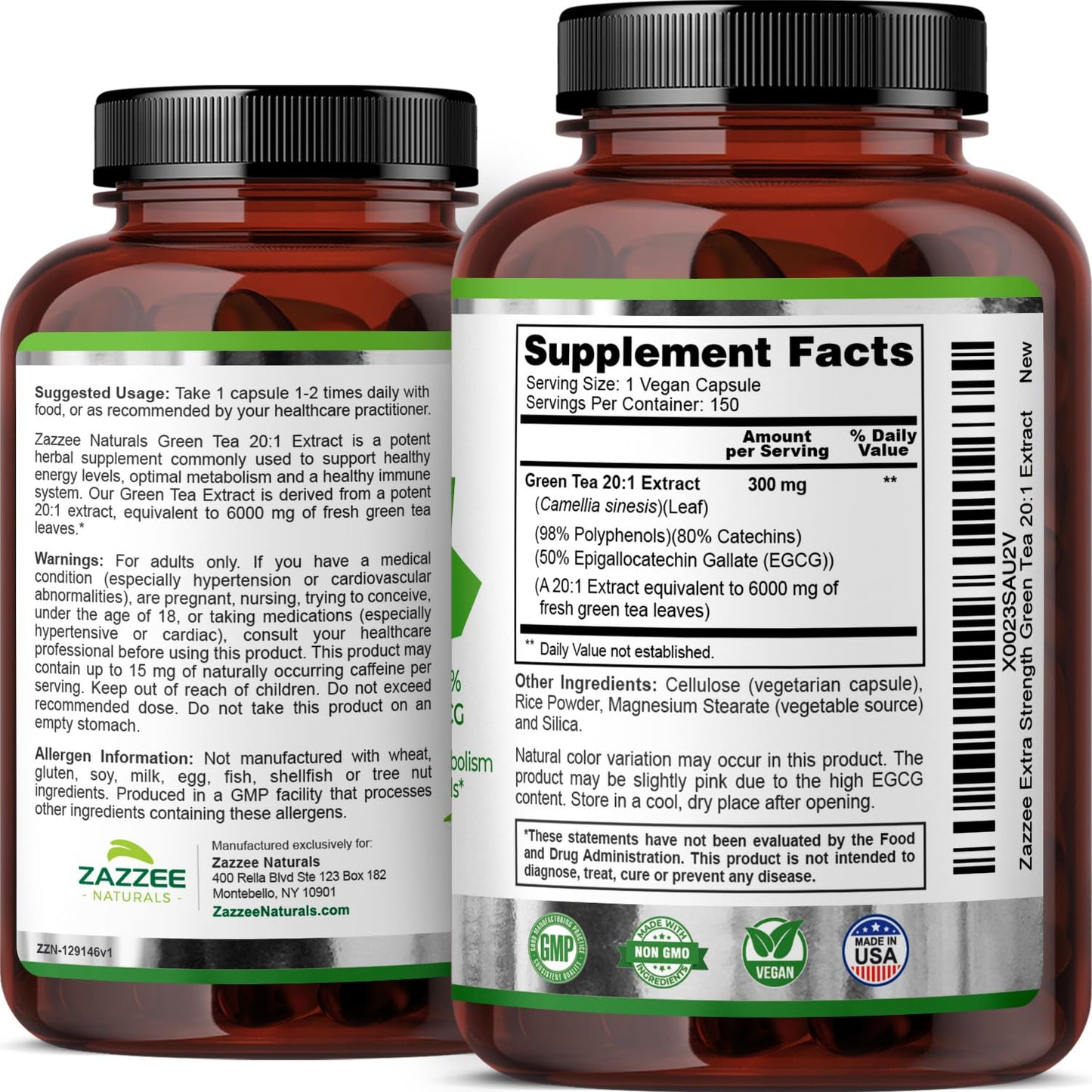 Zazzee Extra Strength Green Tea 20:1 Extract, 6000 mg Strength, 50% EGCG, 98% Polyphenols and 80% Catcehins, 150 Vegan Capsules, 5 Month Supply, Standardized and Concentrated 20X Potency, Non-GMO