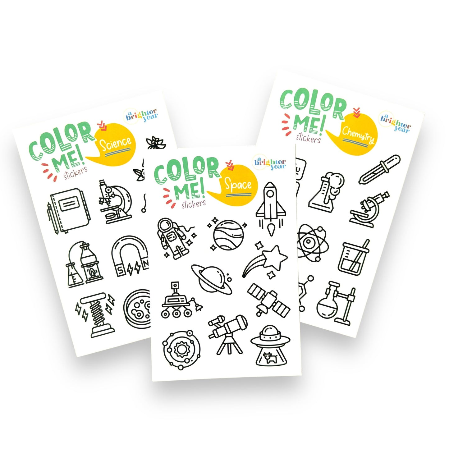 A Brighter Year Color-Your-Own Sticker Bundle, Space & Science Edition -3-Pack of 8.5” x 5.5” Sheets of 10 Stickers Each – Each Sticker is 1.5-2” x 2-3”, Notebooks, Planner, Gift Wrap