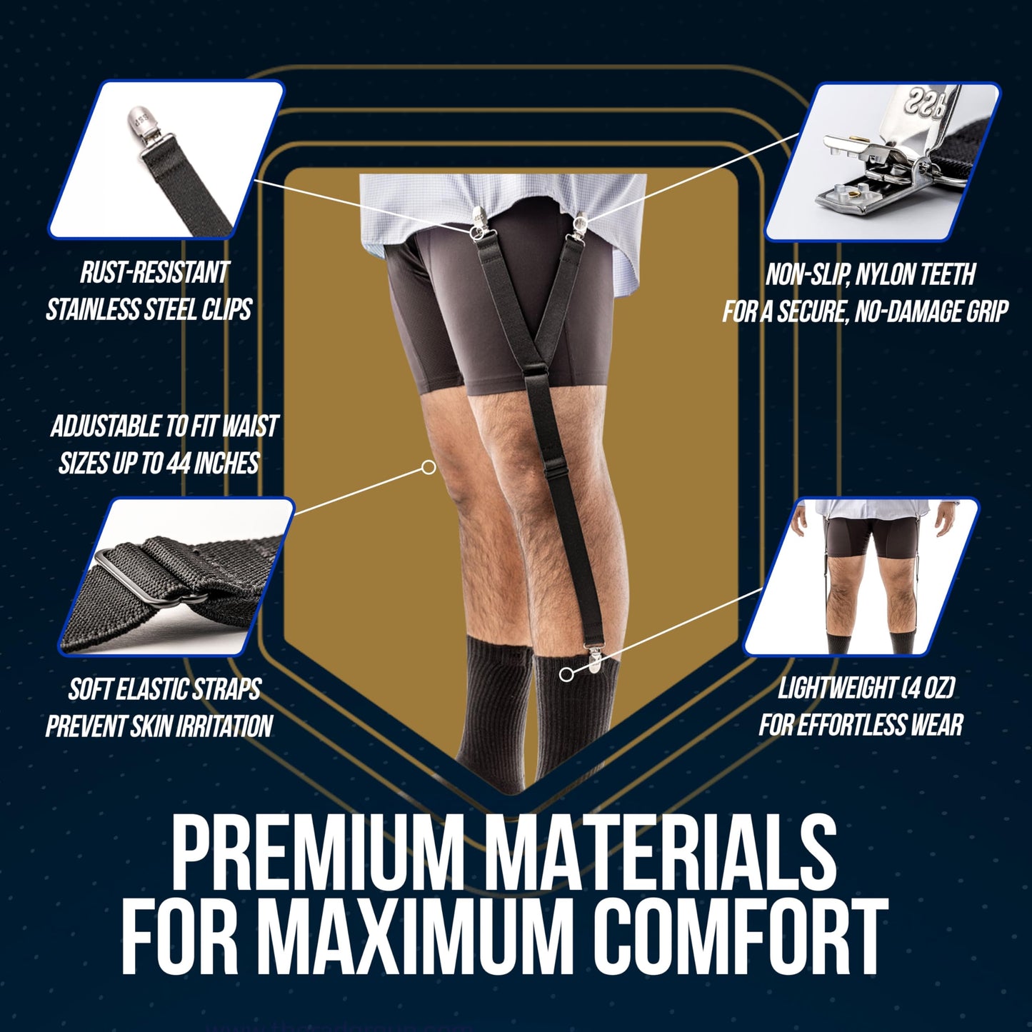 World's Best Shirt Stays for Men Police Military Made in the USA (Y-Style Black, Select Series) (1 Pair of Garters, Tuckers) (Y Style Shirt Stays)