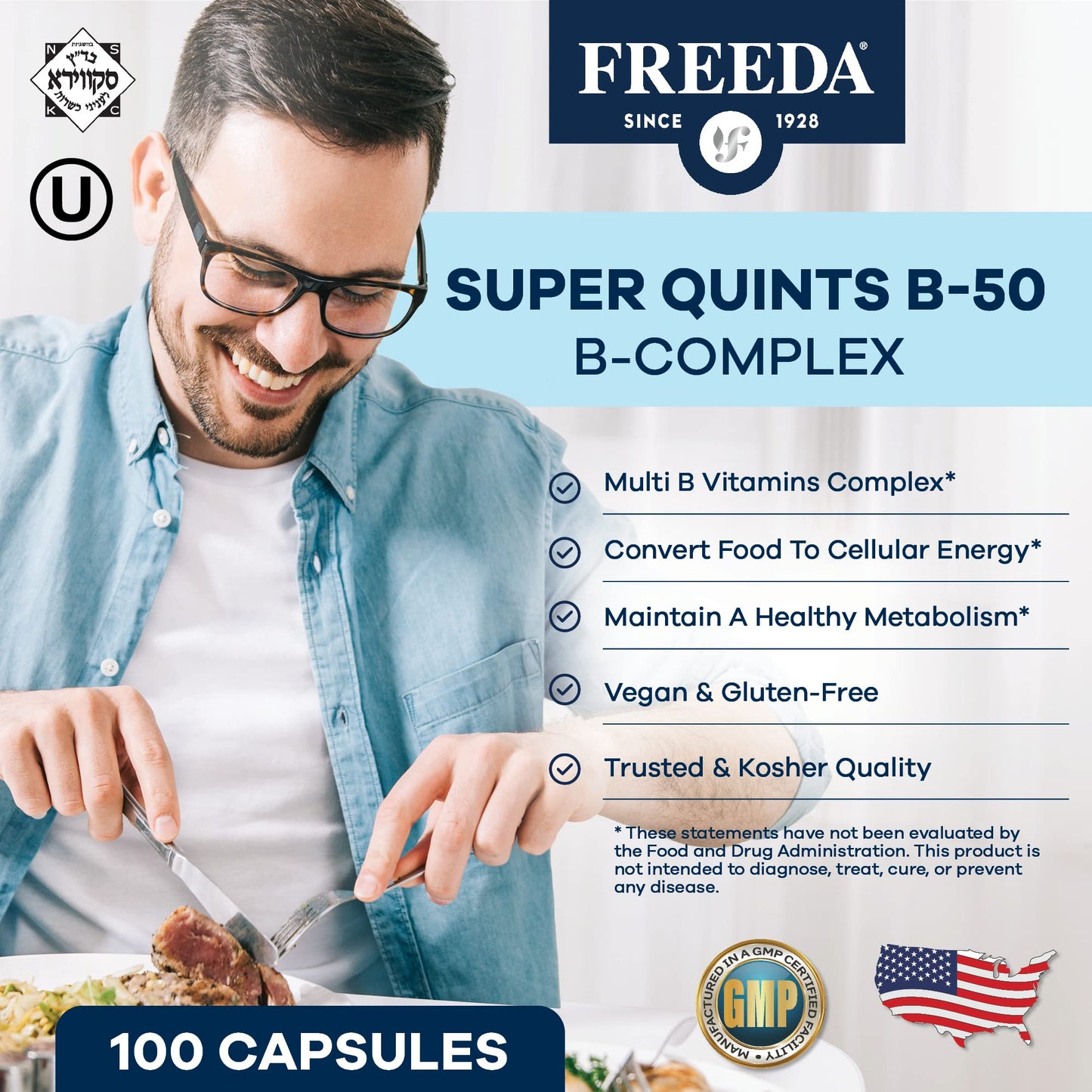 FREEDA Vitamin B Complex - Super Quints B-50 - Kosher Super B Complex Vitamin Supplement for Women & Men with Vitamin B1 Vitamin B2 Vitamin B3 Vitamin B6 Vitamin B12 Plus Folic Acid (100 Capsules)