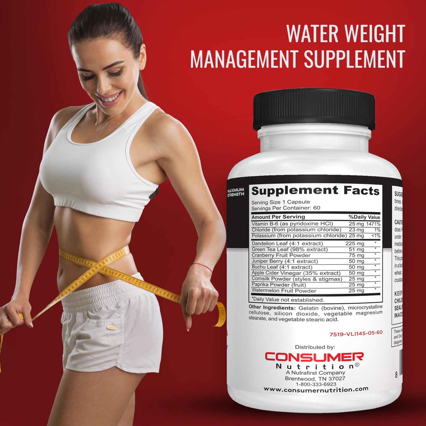 Diuretic Water Away Pills Maximum Strength - Water Retention Pills for Women & Men with Apple Cider Vinegar, & Dandelion Leaf for Bloating 60 Capsules