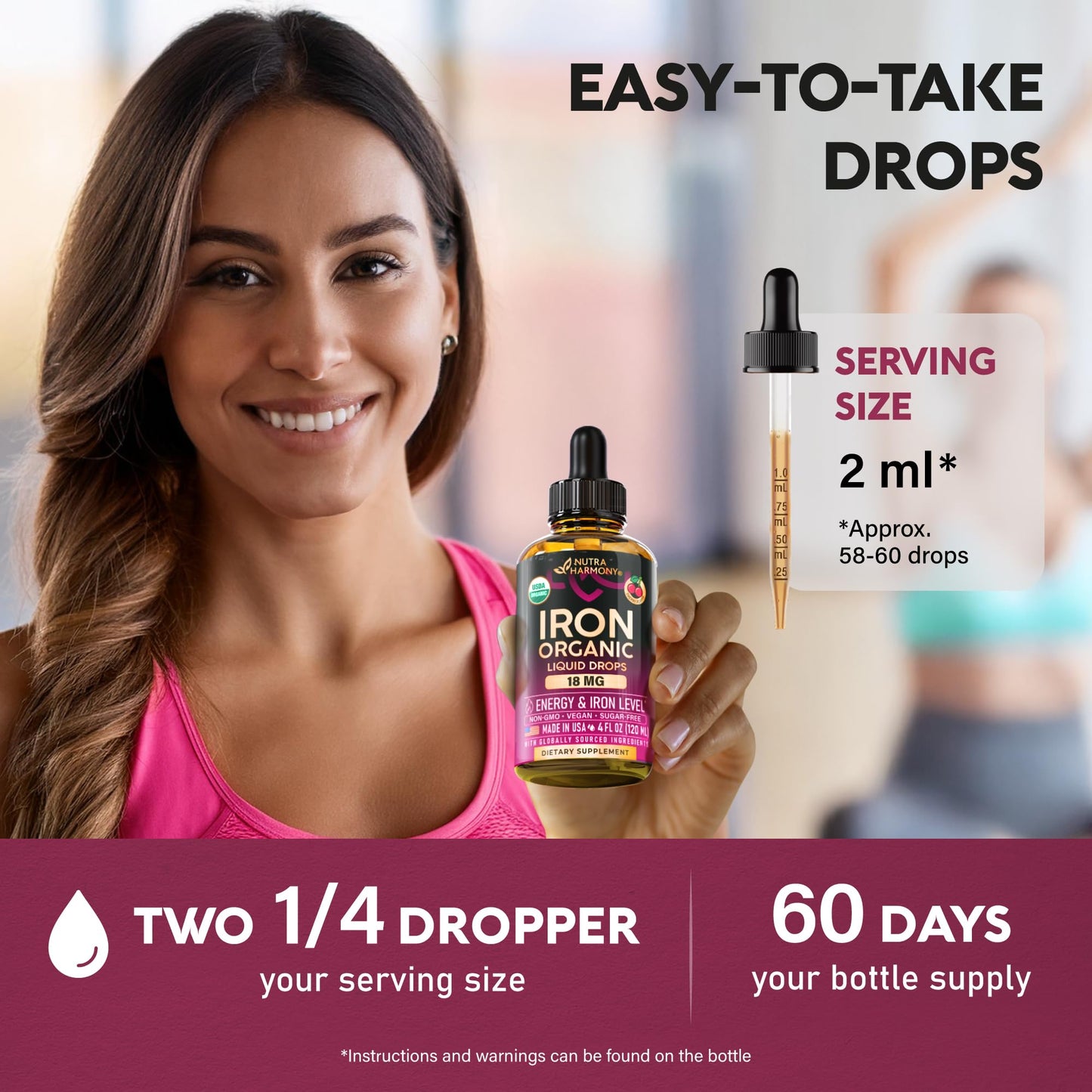 Liquid Iron Supplement for Women 18 mg - USDA Organic Iron Drops - with Folate, Vitamin B12 & B6 - Iron Level & Energy - Gentle & High Absorption Glycinate Form - Cherry Flavor, Sugar-Free - 4 fl oz