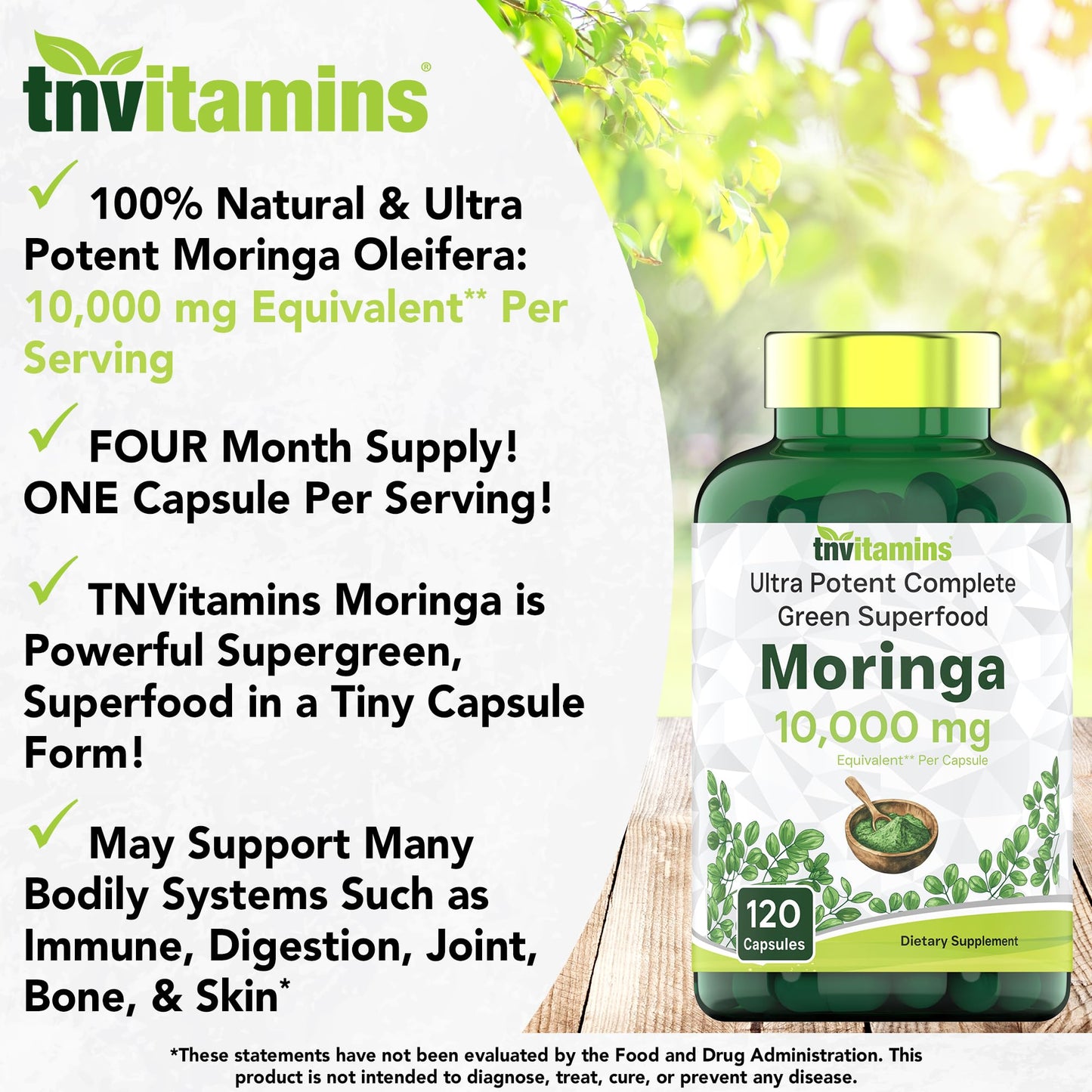 tnvitamins Moringa Capsules 10,000 mg - 120 Capsules | Pure Moringa Oleifera Leaf Powder Supplement | Powerful Green Superfood | Super Greens Powder Pills | Non-GMO, Made in The USA!