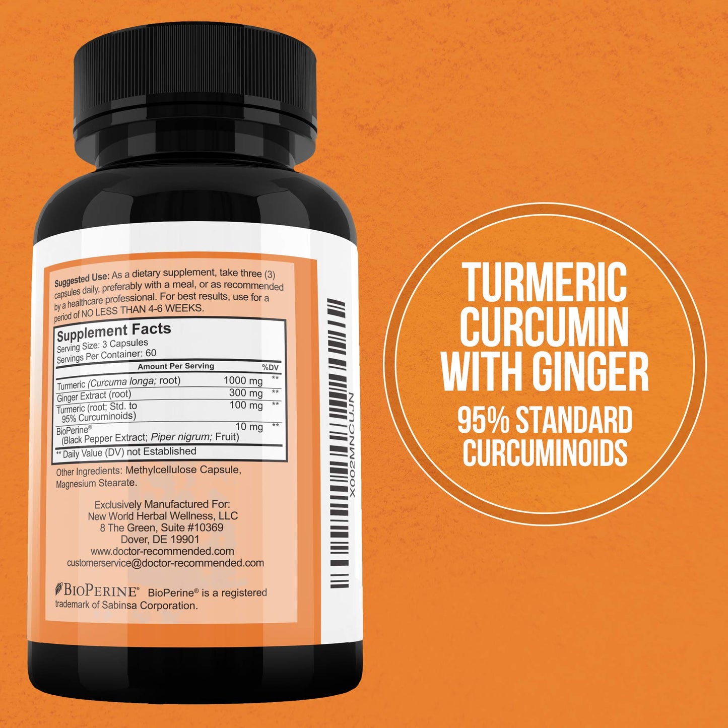 Turmeric Curcumin with Ginger, 95% Curcuminoids with BioPerine - 180 Veggie Capsules - Made in USA