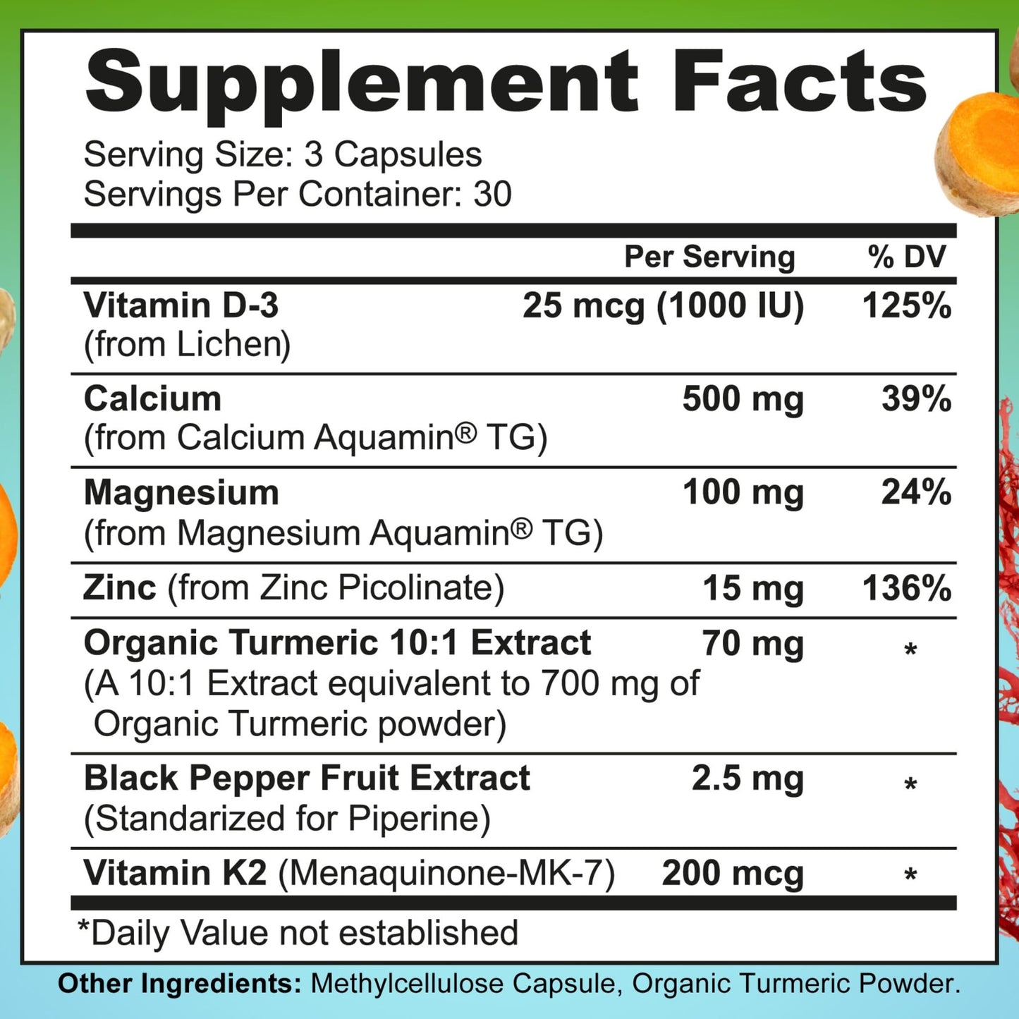 Plant-Based Calcium 500mg (Aquamin) – Vegan Calcium Magnesium Zinc D3 with Vitamin K2 & Organic Turmeric – Enhanced Bone and Muscle Health & Strength, Immune Support for Women & Men - 90 Count