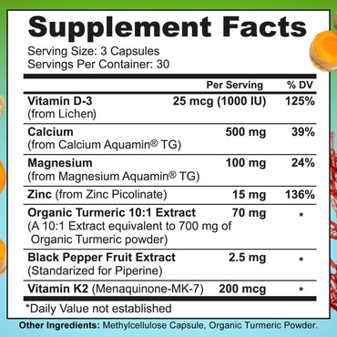 Plant-Based Calcium 500mg (Aquamin) – Vegan Calcium Magnesium Zinc D3 with Vitamin K2 & Organic Turmeric – Enhanced Bone and Muscle Health & Strength, Immune Support for Women & Men - 90 Count