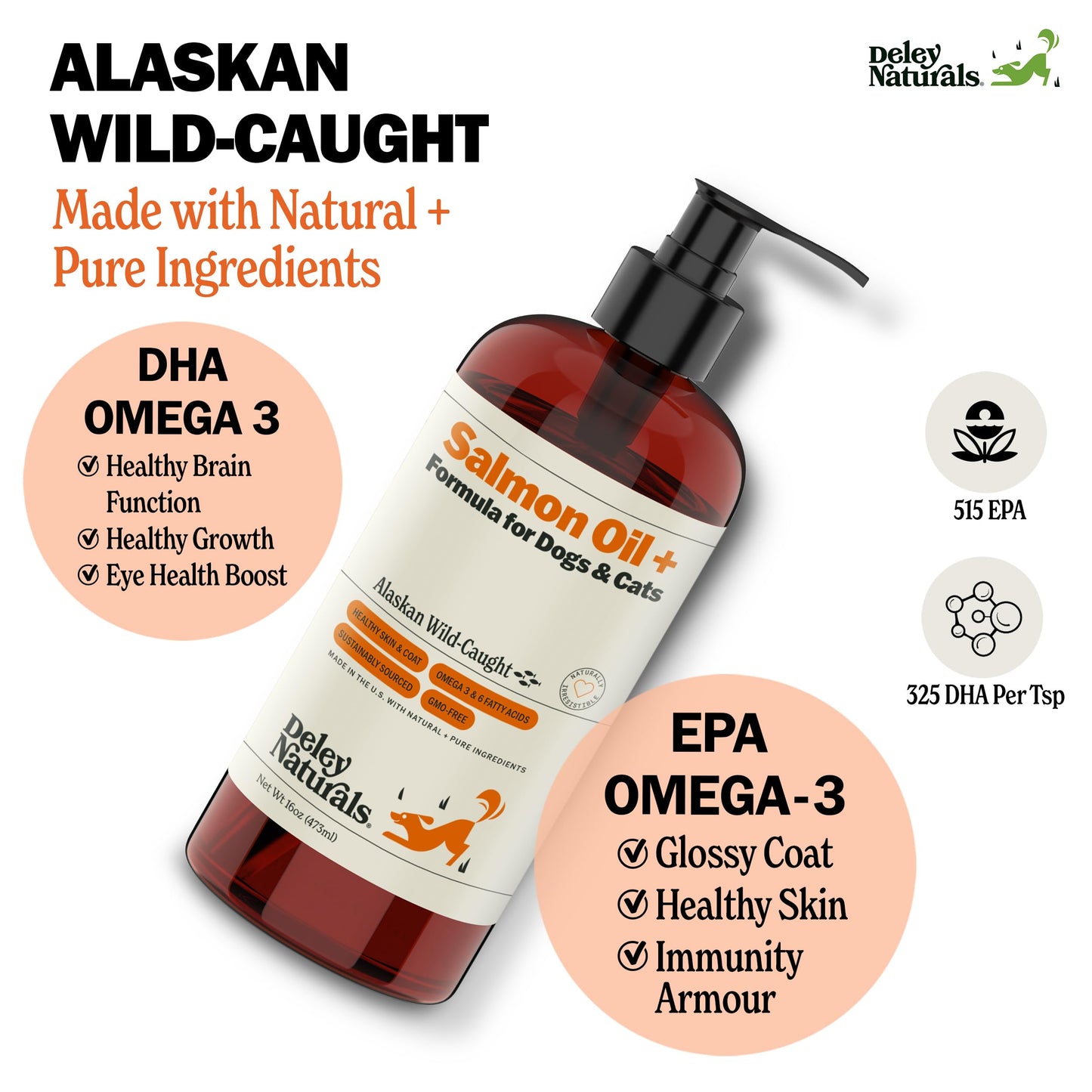 Deley Naturals Wild Alaskan Salmon Oil for Dogs - New & Improved Salmon Oil Plus Formula - Fish Oil for Dogs with DHA EPA Omega 3 & 6 Fatty Acids - Omega 3 Fish Oil for Skin & Coat - 16oz Made in USA