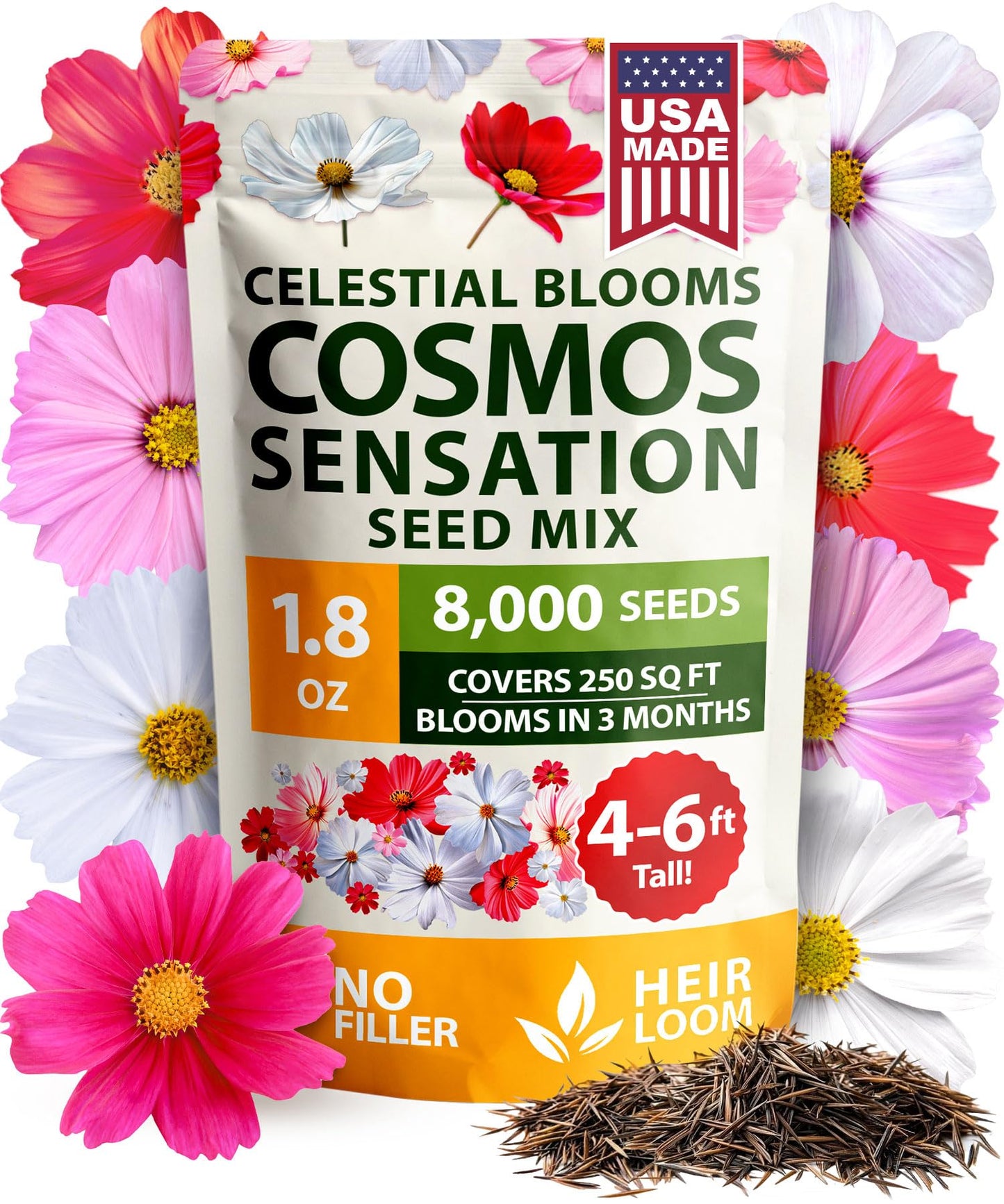 HOME GROWN Cosmos Flower Seeds Bulk Pack for 2025 (1.8 oz) 8,000+ π‘π’π‘-ππ π’ π¨π¦π-π¦π’π¨π₯πππ Heirloom Annual Wildflower Seeds β Pollinator-Friendly Mix for Pollinators & Outdoor Gardens