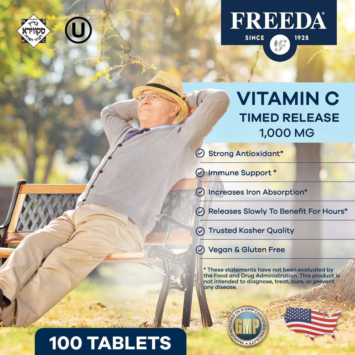 FREEDA Timed Release Vitamin C 1000mg – Slow-Release for All-Day Immune & Antioxidant Support, Gentle on Stomach, Kosher & Vegan, High-Absorption Tablets (100 Tablets)