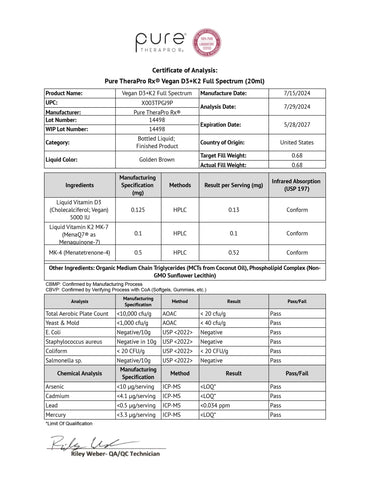 Pure TheraPro Rx Vegan D3 + K2 Organic 100% Liposomal 20ml Made in USA | 6 Month Supply | Maximum Absorption Vitamin D3 and Vitamin K2 Supplements for Men and Women, D3 Vitamin 5000 IU