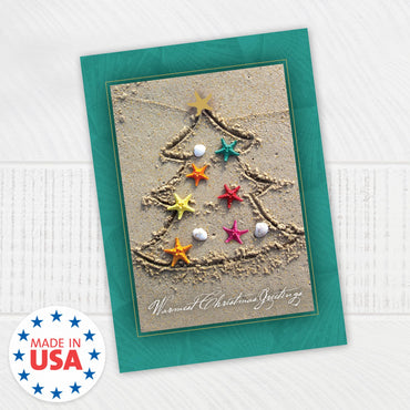 Masterpiece Sand Tree Cards / 16 Christmas Holiday Cards Set With Gold Foil And White Envelopes / 5 5/8" x 7 7/8" Winter Warm Wishes Greeting Cards With Meaningful Inside Verse