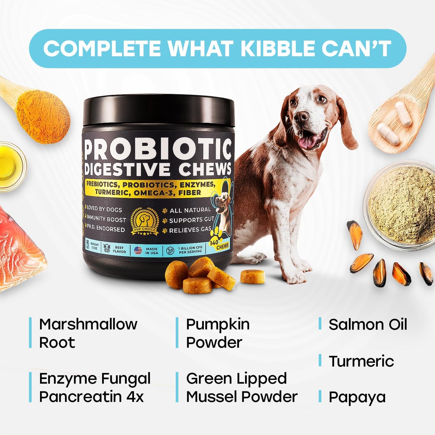 Probiotics for Dogs - PhD Endorsed Digestive Enzymes - Gut Health, Diarrhea & Bowel Support - Dog Treats with Turmeric, Omega-3 & Fiber - Immune Soft 140 Chews - Beef Flavor - Made in USA