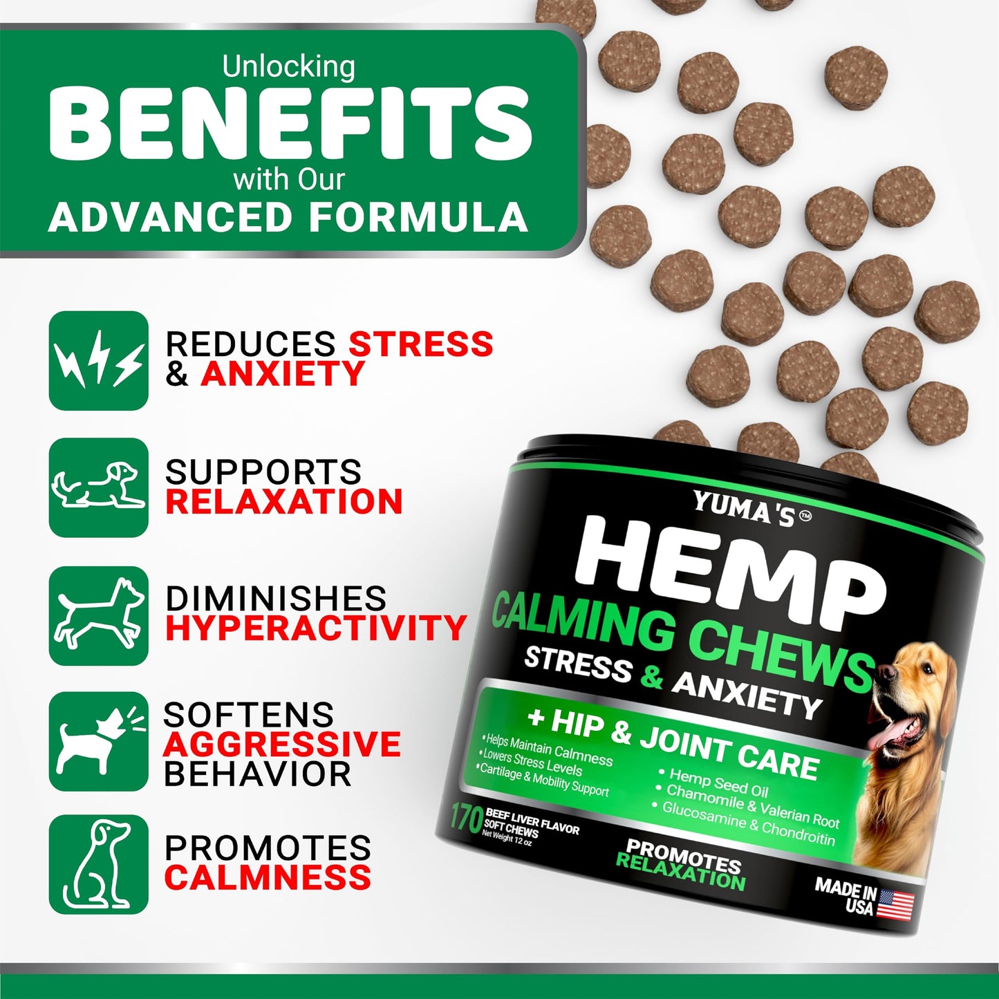 Hemp Calming Chews for Dogs - Advanced Dog Calming Chews - Anxiety Relief Treats - Hemp Oil - Separation Aid, Stress, Hip and Joint Supplement for Canine Health Support - Beef Flavor