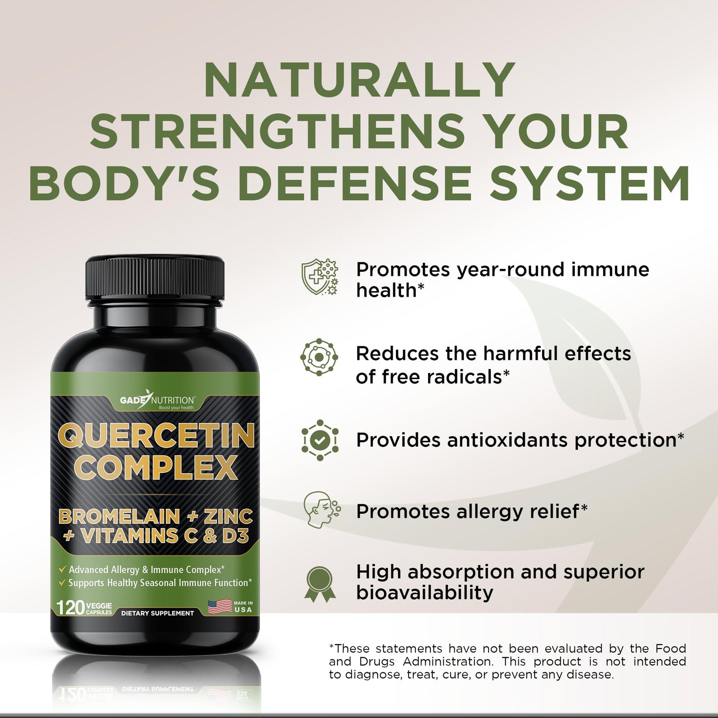 Gade Nutrition Organic Quercetin with Bromelain Vitamin C and Zinc | Immune Support Supplement Quercetin 500mg Capsules | Bioflavonoids Made in USA Third Party Tested
