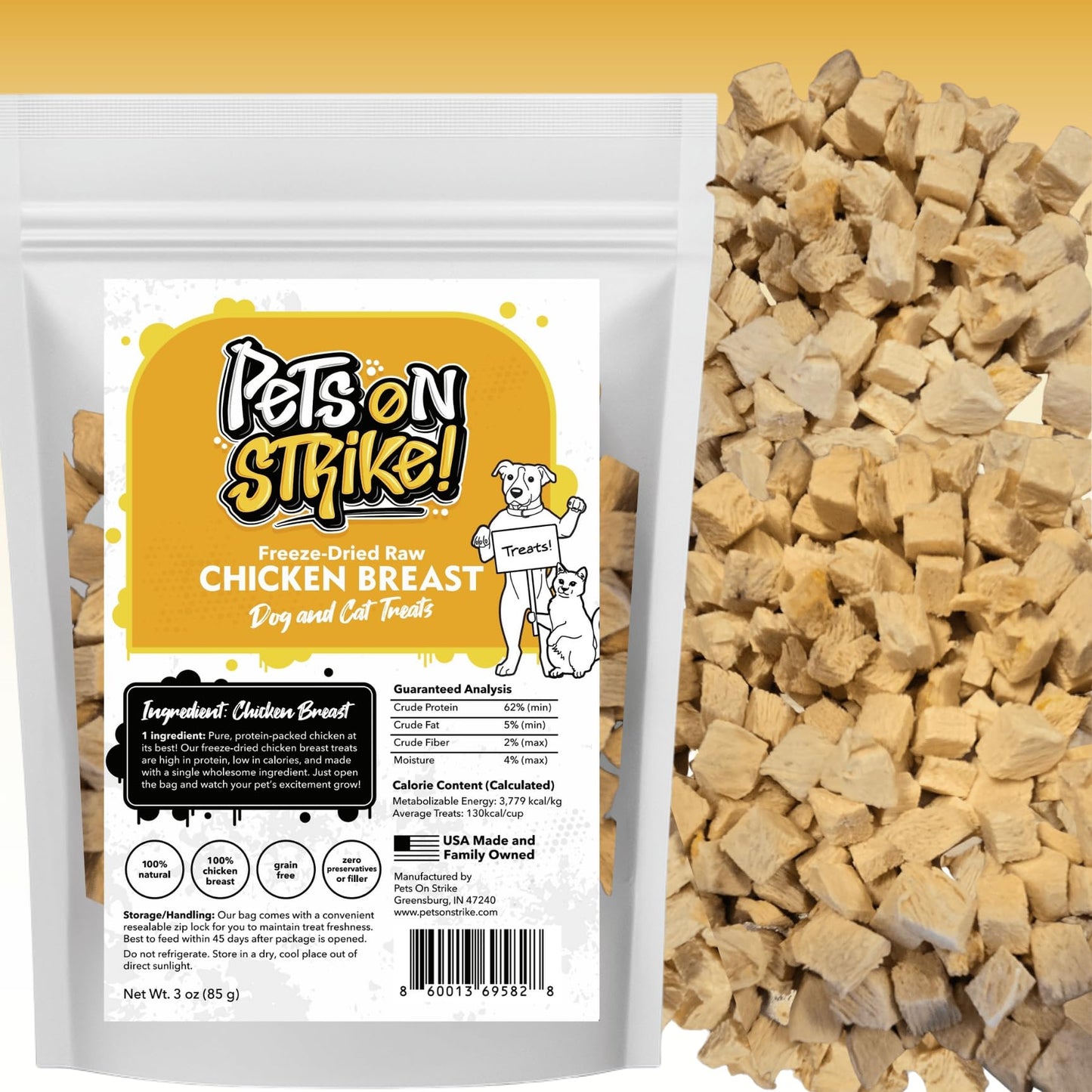PETS ON STRIKE Freeze Dried Chicken Breast for Dogs & Cats – Single Ingredient Dog Treats – USA Sourced & Made – High Protein, All Natural, Grain Free – Raw Freeze-Dried Training Treats (3oz)