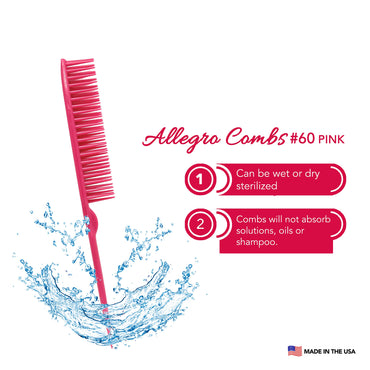 Allegro Combs 60 Parting Three Row Combs Salon Hairstylist Hairdresser Detangle Combs For Natural Hair And Wigs For Curly Hair Made In The Usa 2 Pcs. (Pink)