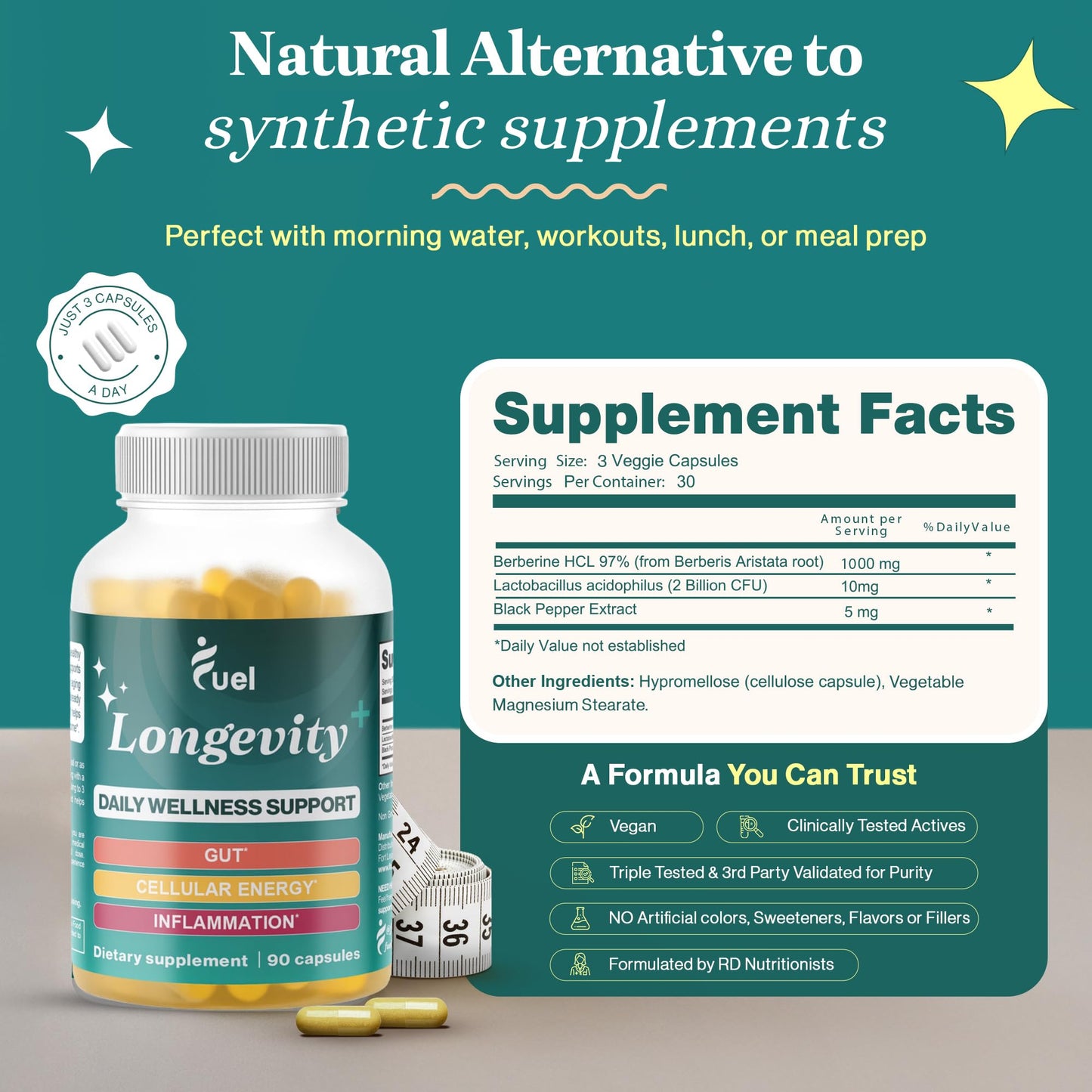 Fuel Natural Liposomal Berberine HCL Supplement – Supports Metabolism, Hunger, Hormone Balance, Energy for Women & Men - Healthy Aging and Longevity Support - Metabolic Berberine 1000mg Capsules