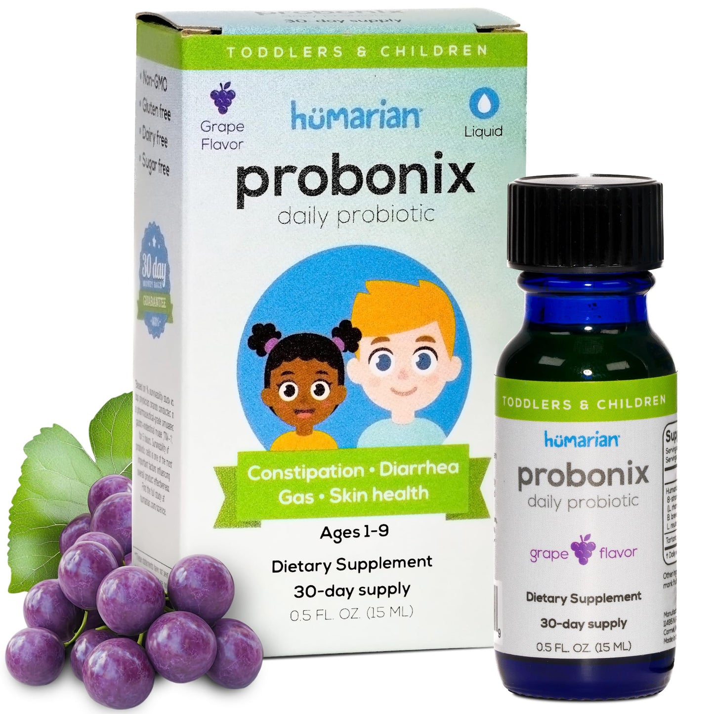 Probonix Humarian Liquid Probiotics for Kids Aged 1-9 Years Old - Superior 8-Strain Probiotic Drops to Fortify Gut Health, Immunity and More - 30-Day Supply - Tasty Grape Flavor