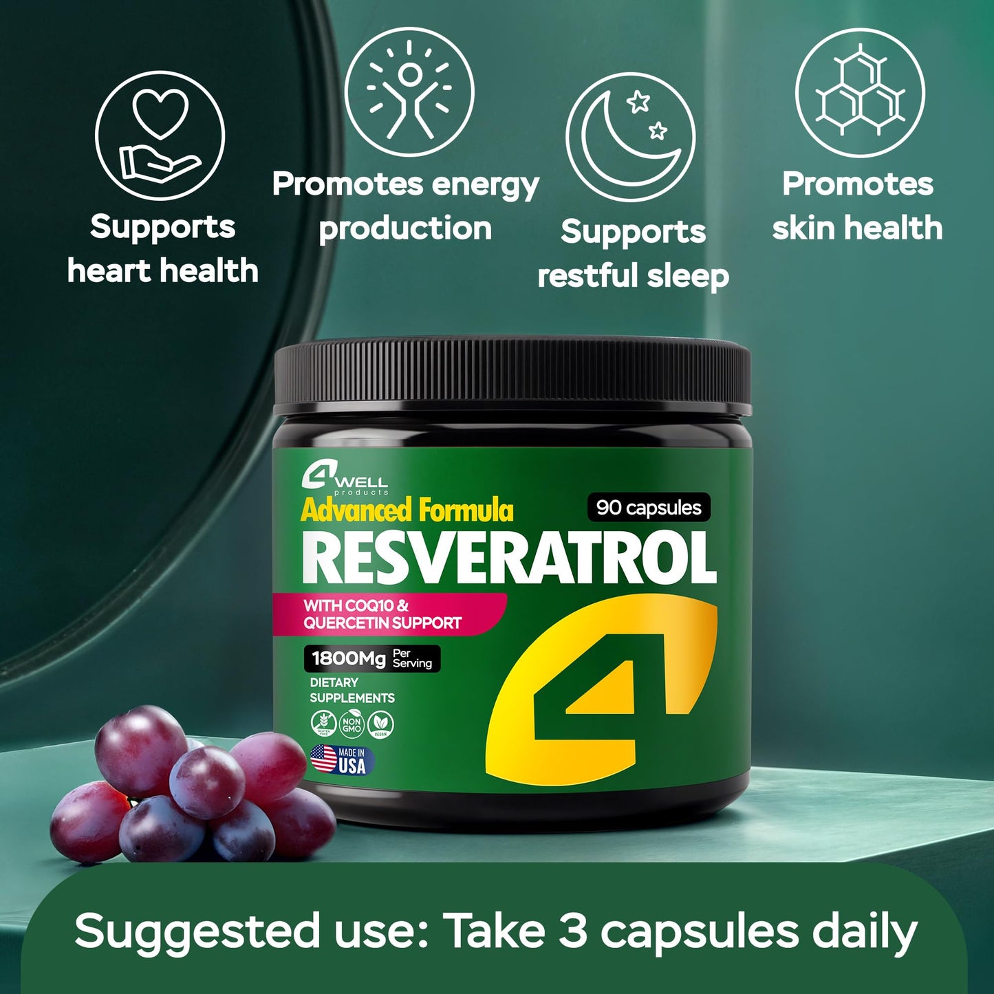 Resveratrol Supplement 1800mg Complex - COQ10, Quercetin, Vitamin E, Vitamin C - Powerful Antioxidant Formula for Enhanced Energy, Heart Health & Healthy-Aging Support Trans Resveratrol 90 Capsules